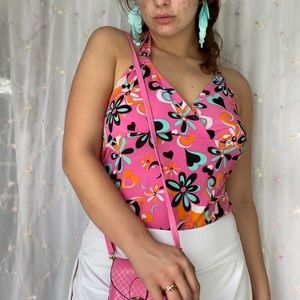 80s y2k pink wacky pattern neck tie top